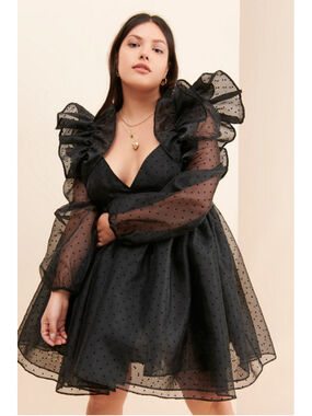 Selkie Puff Dress Black Polka Dot Organza Ruffle Mini Size Small Empire Waist